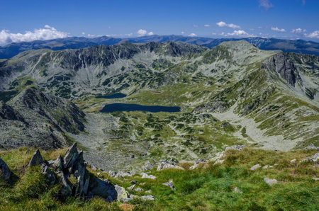 Mountain landscape and glacial Bucura lake in Retezat National Park, Carpathian Mountains, Romaniaの写真素材