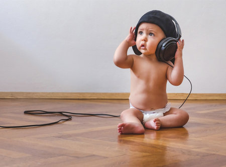 Sweet little baby boy with headphones, sitting on the floor and listening to music