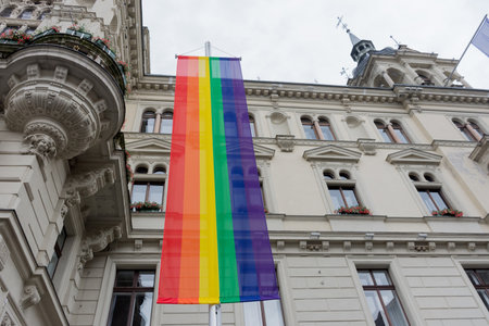 Rainbow flag at the Rathaus (town hall) for the annual gay parade in Graz, Austriaの写真素材