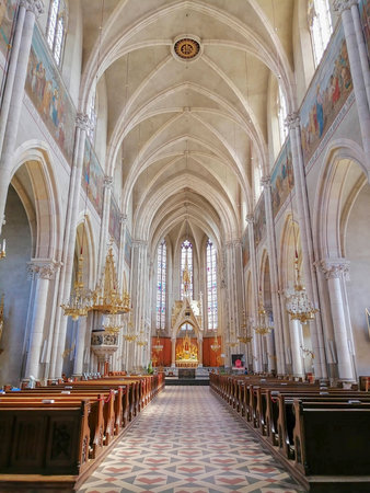 Beautiful interior of Church of the Sacred Heart of Jesus (Herz Jesu Kirche), designed in the Neogothic style and the largest church in Graz, Styria region, Austriaのeditorial素材