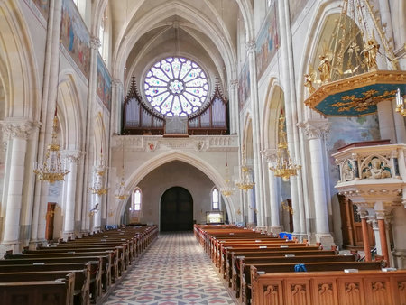 Beautiful interior of Church of the Sacred Heart of Jesus (Herz Jesu Kirche), designed in the Neogothic style and the largest church in Graz, Styria region, Austriaのeditorial素材
