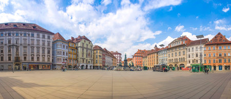 Graz, Austria-April 25, 2021: the beautiful main square Hauptplatz with colorful historical building, famous tourist attraction in the old city center of Grazのeditorial素材