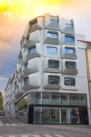 Graz, Austria-25.04.2021: Apartments in Argos modern residential building, planned by famous Zaha Hadid Architects, with big dimensioned white windows, in the heart of the old city of Grazのeditorial素材