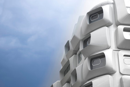 Graz, Austria-25.04.2021: Apartments in Argos modern residential building, planned by famous Zaha Hadid Architects, with big dimensioned white windows, in the heart of the old city of Grazのeditorial素材