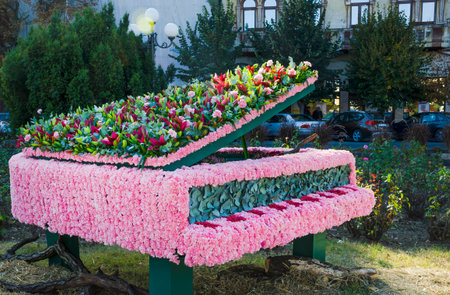 Arad, Romania-06.10.2018: Amazing piano musical instrument made out of mixed blossoming flowers, at the street flower festivalの写真素材