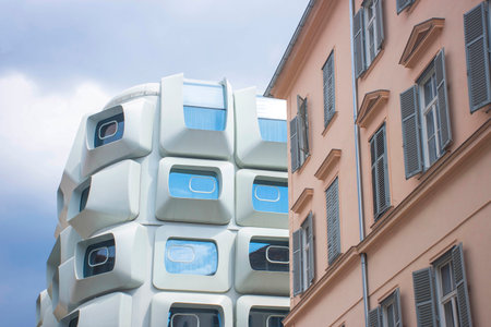 Graz, Austria-25.04.2021: Apartments in Argos modern residential building, planned by famous Zaha Hadid Architects, with big dimensioned white windows, in the heart of the old city of Grazのeditorial素材