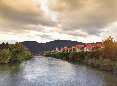 The charming little town of Frohnleiten on the Mur river in the district of Graz-Umgebung, Styria region, Austriaの写真素材