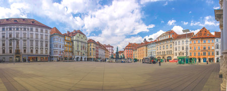 Graz, Austria-April 25, 2021: the beautiful main square Hauptplatz with colorful historical building, famous tourist attraction in the old city center of Grazのeditorial素材