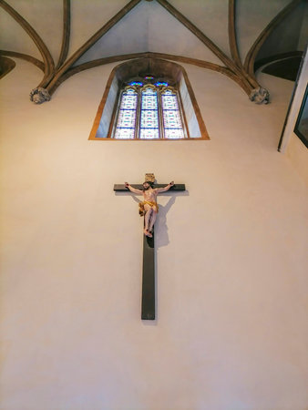 Jesus on the cross, beautiful interior of the pilgrimage Church Maria Strassengel, a 14th century Gothic church in the town of Judendorf Strassengel near Graz, Styria region, Austriaのeditorial素材