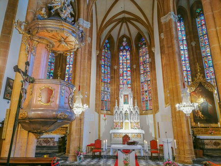 Beautiful interior of the pilgrimage Church Maria Strassengel, a 14th century Gothic church in the town of Judendorf Strassengel near Graz, Styria region, Austriaのeditorial素材