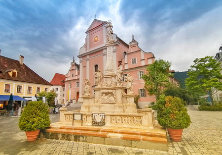 The Parish Church in the main square of the charming little town of Frohnleiten in the district of Graz-Umgebung, Styria region, Austriaの写真素材