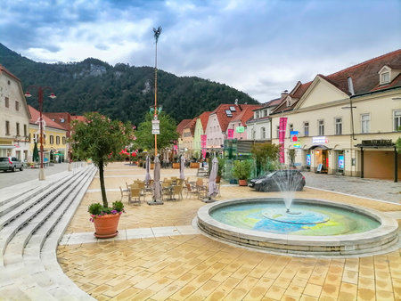Frohnleiten, Austria- June 25, 2021: The main square of the charming little town of Frohnleiten in the district of Graz-Umgebung, Styria region, Austriaのeditorial素材