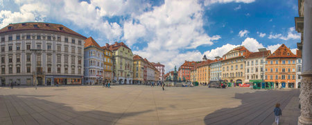 Graz, Austria-April 25, 2021: the beautiful main square Hauptplatz with colorful historical building, famous tourist attraction in the old city center of Grazのeditorial素材