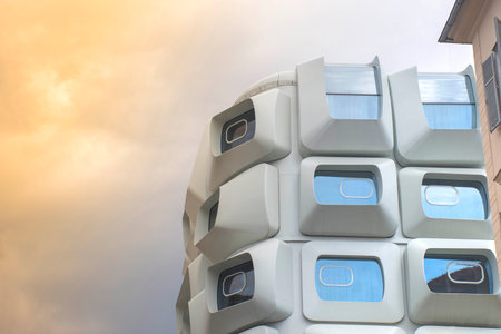 Graz, Austria-25.04.2021: Apartments in Argos modern residential building, planned by famous Zaha Hadid Architects, with big dimensioned white windows, in the heart of the old city of Grazのeditorial素材