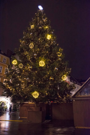 Beautiful Christmas decorations at famous main square Hauptplatz, at night, in the city center of Graz, Steiermark, Austria.の写真素材