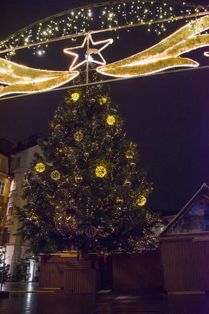 Beautiful Christmas decorations at famous main square Hauptplatz, at night, in the city center of Graz, Steiermark, Austria.の写真素材