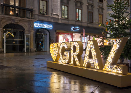 Graz, Austria-December 02, 2021: Beautiful Christmas decorations at famous main square Hauptplatz, at night, in the city center of Graz, Steiermark, Austria.のeditorial素材