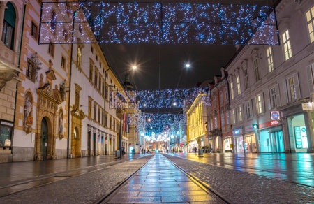 Graz, Austria-December 02, 2021: Beautiful Christmas decorations and lights on famous Herrengasse...