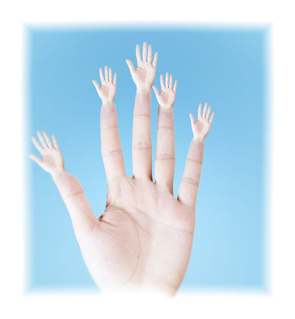 A hand of a men with multiple hands on each finger.の写真素材