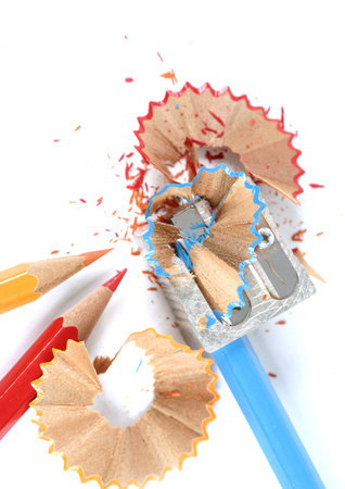 Close-up of pencils and sharpener.の写真素材