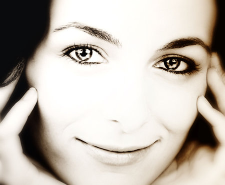 Beautiful happy woman with awful eyes.の写真素材