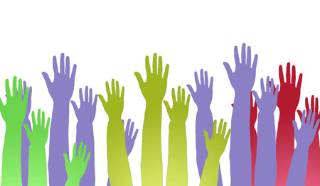 Lots of hands up, at a party. Isolatedの写真素材