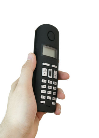 Cell Phone in a man hand. Isolated on white.の写真素材