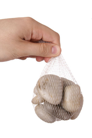Man holding some pieces of rocks. Isolate on white.の写真素材