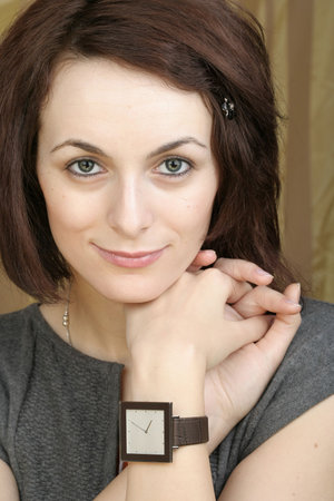 Beautiful happy woman with green eyes.の写真素材