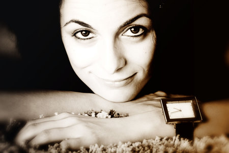 Beautiful happy woman with awful eyes.の写真素材