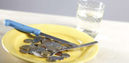 Many Euro coins in a yellow plate.の写真素材