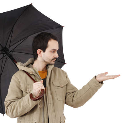 Man with big umbrella, on whiteの写真素材