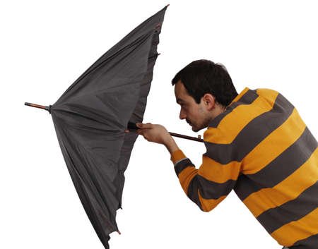 Man with big umbrella, on whiteの写真素材