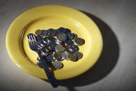 Many Euro coins in a yellow plate.の写真素材