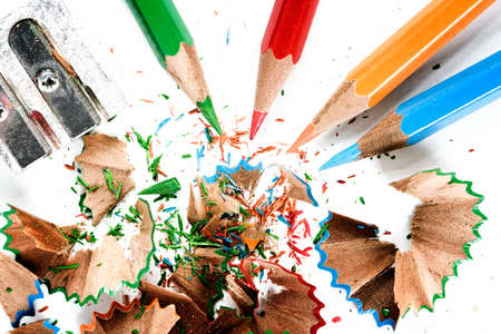 Sharpened pencil and wood shavings.の写真素材