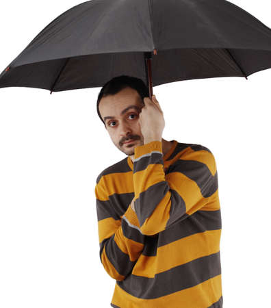 Man with big umbrella, on whiteの写真素材
