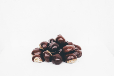 Pile of glossy horse chestnut seeds on white background retro-styledの写真素材