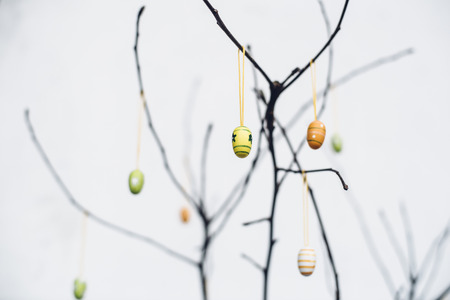 Bare tree branches with colorful Easter eggs decorationの写真素材