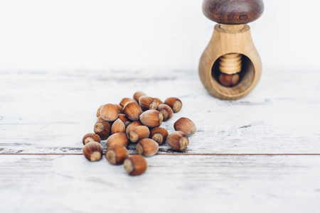 Hazelnuts in pile on wooden table with one mushroom-shaped nut in the nut-crackerの写真素材