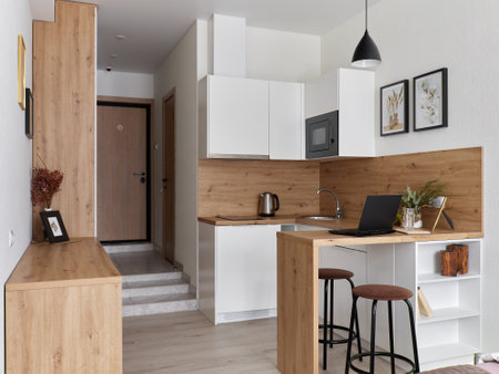 interior design. interior photography of an apartment for rent. One-room apartment with a simple and cozy design. High quality photoの写真素材