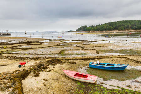 Boats and clam aquaculture parks of Carril in the mouth of Ulla riverの写真素材