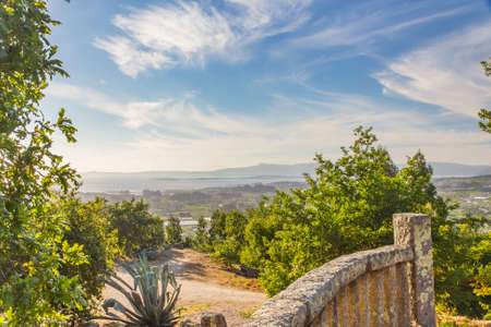 Arousa estuary and Salnes valley from San Cibran viewpoint in Cobas village, Meanho townの写真素材