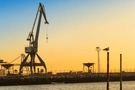Port crane and seagull on top of pole at sunsetの写真素材