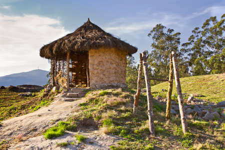 Reconstruction of a Celtic hut at archaeological site of Castro Landinの写真素材