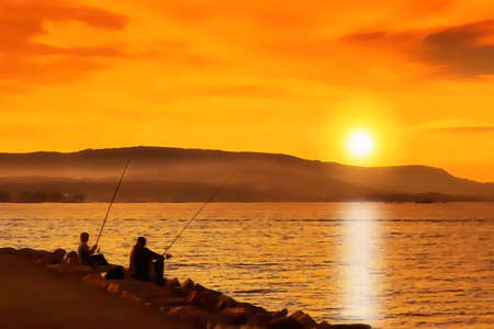 Illustration of two anglers at golden sunset in Arousa estuaryの写真素材