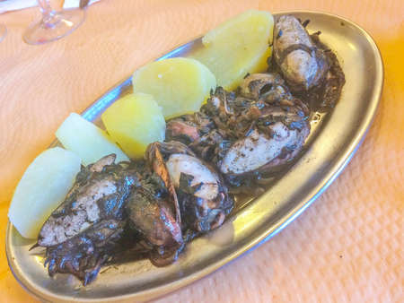 Cuttlefish in its black ink sauce with potatoes served on metal tray