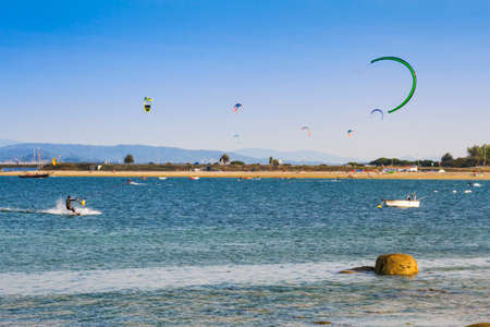 Kite surfing on Bao cape in Arousa Island, Galicia, Spainの写真素材