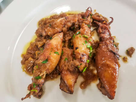 Squid stew with onions sauce, traditional recipe of Galicia, Spain