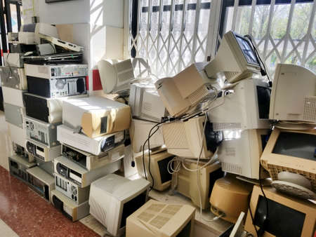 Accumulation of old computers converted into electronic wasteの写真素材