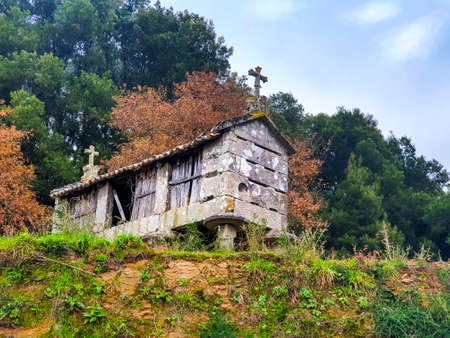 Old horreo typical granary in Covas village, Galicia, Spainの写真素材